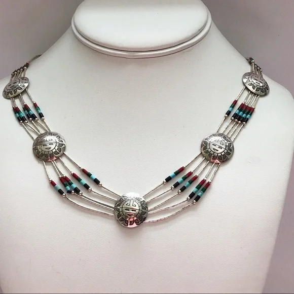 Vintage Native American Sterling Silver Gem Bead Kachina Medallion Necklace